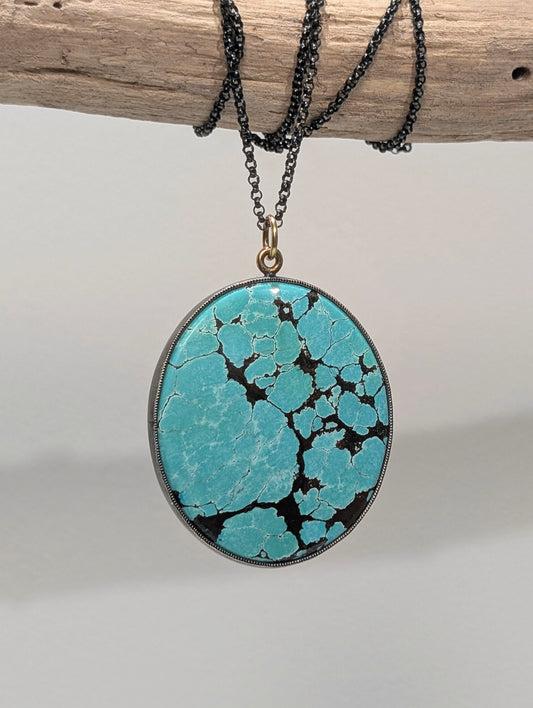 Hubei Turquoise Pendant, Sterling Silver, 18K Gold