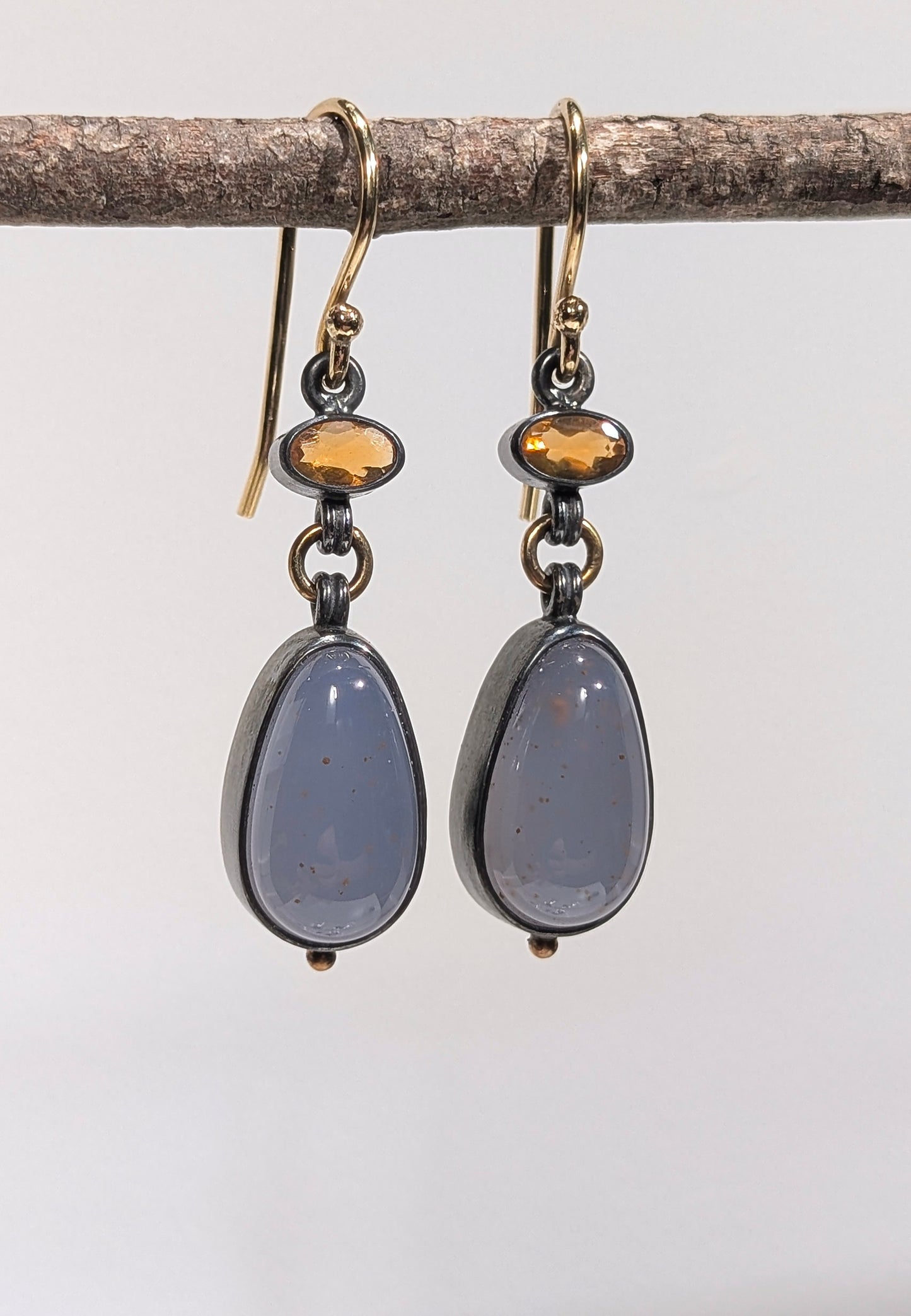 Turkish Blue Chalcedony and Mexican Fire Opal Earrings, Sterling Silver, 18K Gold