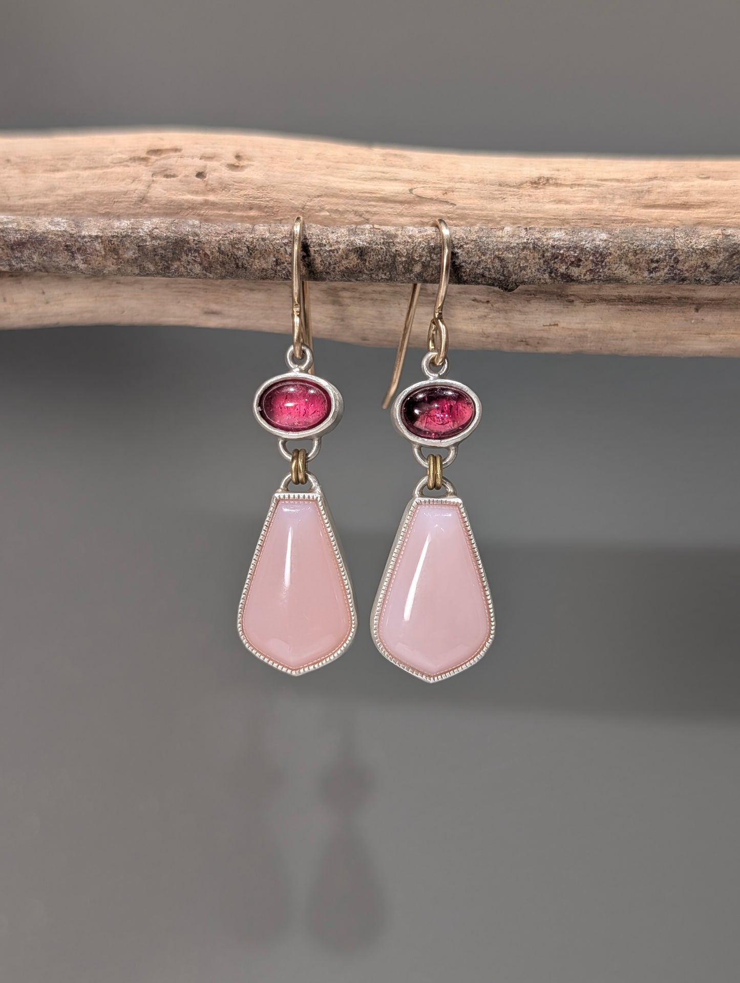 Pink Peruvian Opal and Pink Tourmaline Earrings, Sterling Silver and 18K Gold