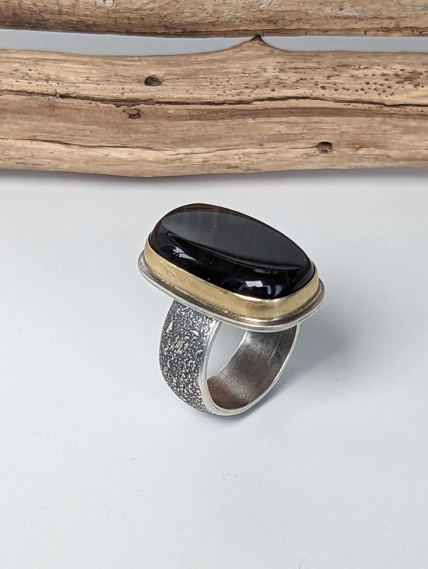 Fire Obsidian, Magnetite Obsidian Ring, Sterling Silver 18K Gold