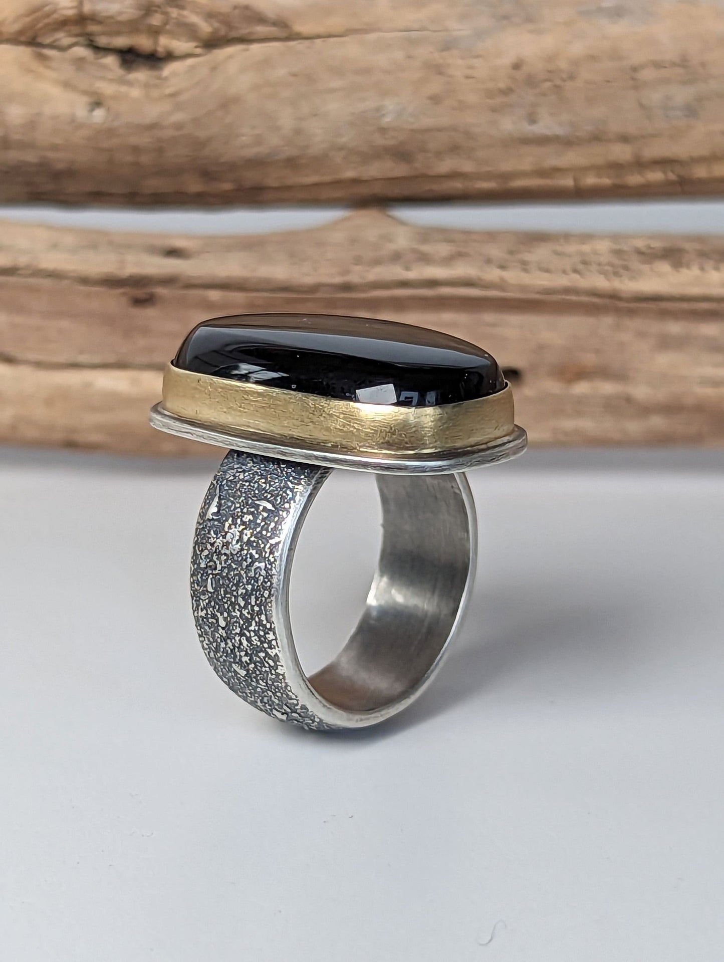 Fire Obsidian, Magnetite Obsidian Ring, Sterling Silver 18K Gold