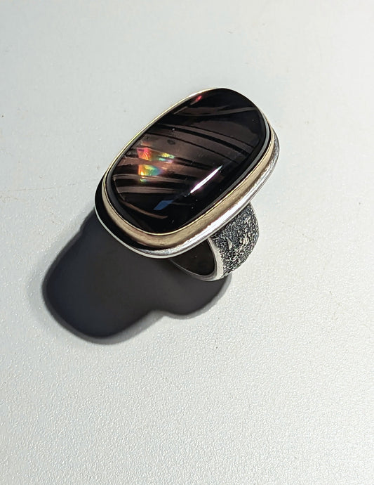 Fire Obsidian, Magnetite Obsidian Ring, Sterling Silver 18K Gold
